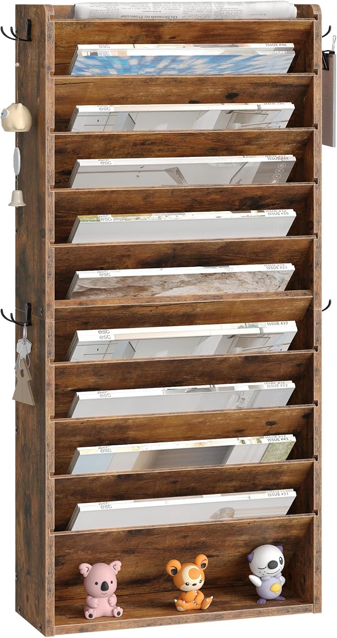 Wall File Organizer, 10-Tier Hanging Mail Organizer, Wall Mount File Holder with 4 Side Hooks, Mail and Storage Organizer, Wooden Vertical Hanging Holder for Office, Rustic Brown MWJ03FG by Choezon