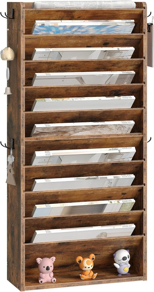 Wall File Organizer, 10-Tier Hanging Mail Organizer, Wall Mount File Holder with 4 Side Hooks, Mail and Storage Organizer, Wooden Vertical Hanging Holder for Office, Rustic Brown MWJ03FG by Choezon
