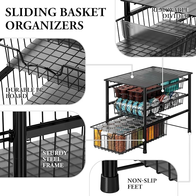 Simple Houseware Stackable 3 Tier Sliding Basket Organizer Drawer, Black - Image 4
