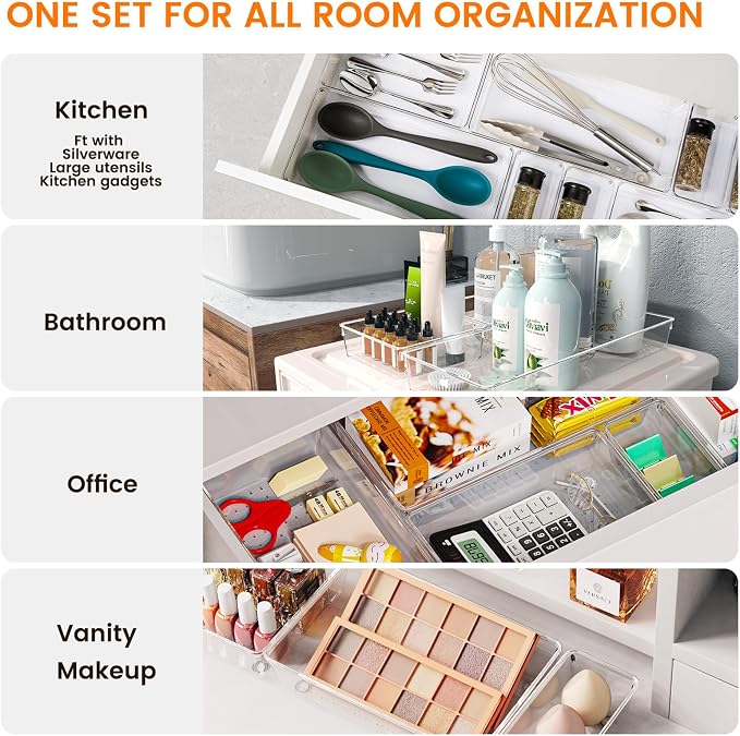 36 Pack Large Clear Plastic Drawer Organizer Bins - 6 Size Acrylic Kitchen Drawer Organization and Storage for Utensils Gadgets, Office Bathroom and Vanity Organizer for Makeup Accessoires - Image 3