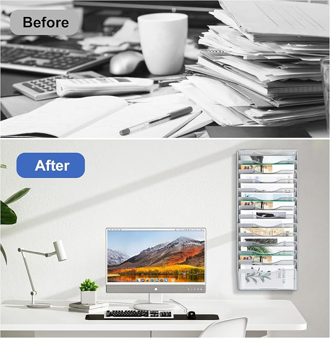 EasyPAG Wall File Organizer for Office 14 Pocket Mesh Wall Mounted Paper Organizer Hanging Folder Holder with Nametag Label for Home School, Silver - Image 6