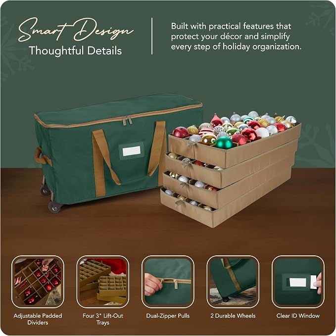 Covermates Keepsakes Rolling Adjustable Ornament Storage Bag – Heavy-Duty Polyester, FlexGrid Trays & Padded Dividers – Protective Holiday Organizer with Wheels, Handles & ID Window, Green - Image 4