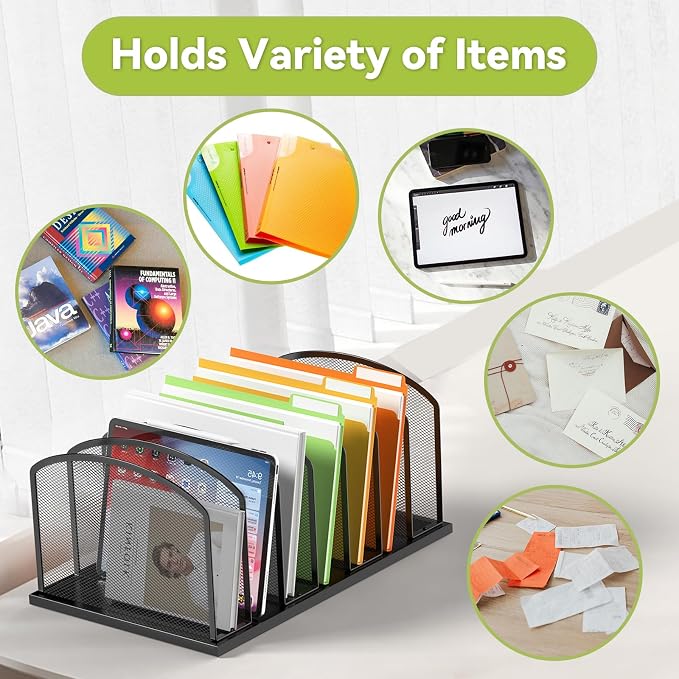 MINDEPOT Desk File Organizer 7 Sections Upright Mesh File Sorter Organizer for Desk, Office Organization File Holder for Home, Office & Classroom (Black, 1Pack) - Image 6