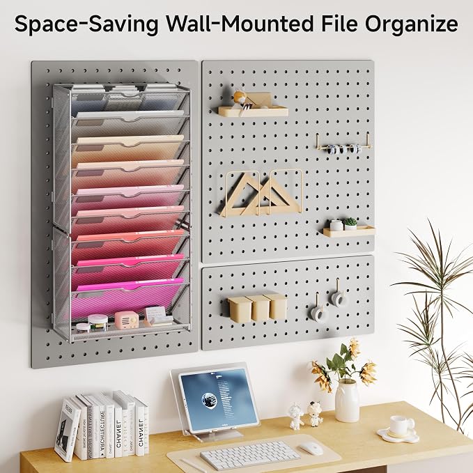 Lavatino 10-Tier Hanging Wall File Folders Organizer - Silver Metal Mesh Paper Magazine Document Mail Holder File Organizer for Office School Home Wall Mount or Desk Supplies Organization - Image 5