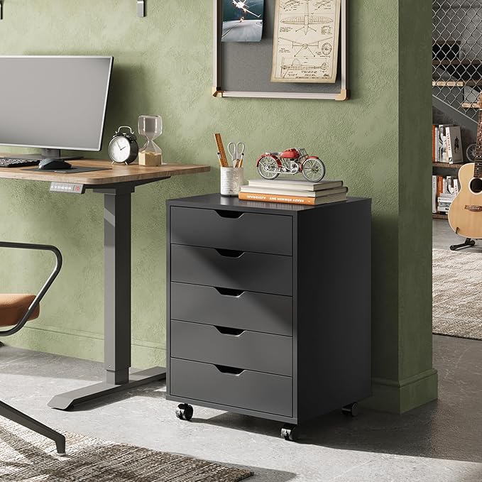 DEVAISE 5-Drawer Filing Cabinet, Under Desk file Cabinet, Black | Wood, Office Storage Cabinet, Printer Stand with Wheels, Drawer Chest, Home Office - Image 2