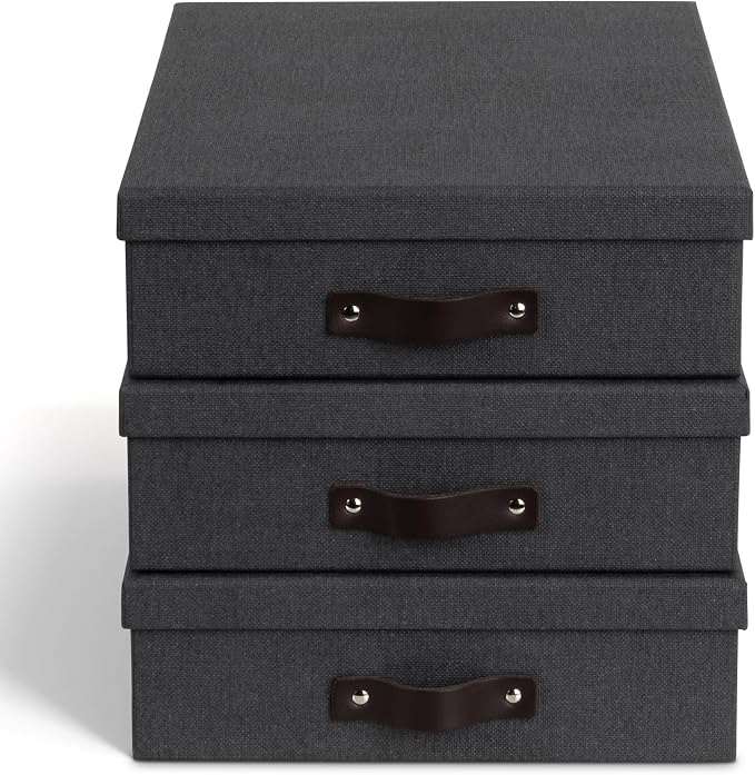 Bigso Oskar Canvas Fiberboard Document Letter Box for Important Paperwork A4 or Letter Size - Durable Keepsake Box with Lid and Leather Handle - 3.3in x 10.2in x 13.8in - Black - 3 Pack - Image 2