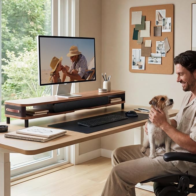 Fenge Dual Monitor Stand with Large Storage Drawer, 42.5" Dsek Shelf, Brown | Slide-Out Drawer with Soft Touch Leather, Ergonomic Monitor Riser, Aluminum leg, 2-Tier Desk Organizer for Laptop, TV, PC - Image 2