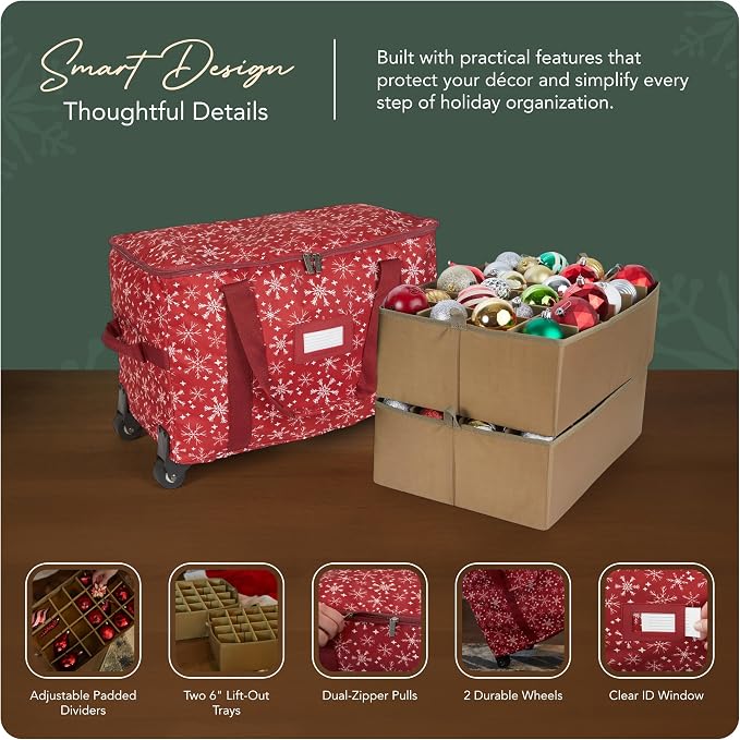 Covermates Keepsakes Rolling Adjustable Ornament Storage Bag – Heavy-Duty Polyester, FlexGrid Trays & Padded Dividers – Protective Holiday Organizer with Wheels, Handles & ID Window, Red Snowflake - Image 4