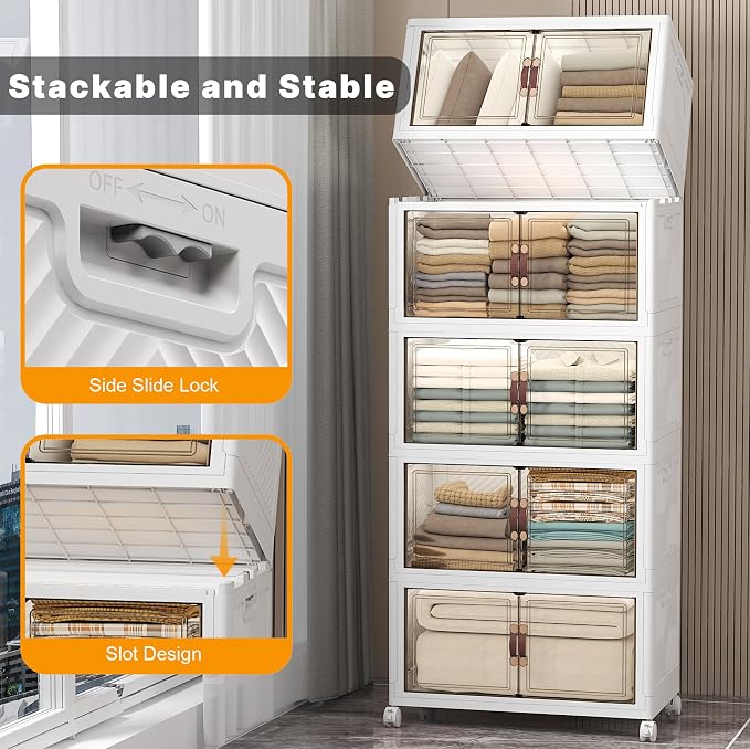 Stackable Storage Bins, 560QT Collapsible Drawers with 1 Lid | Large Capacity, Magnetic Door, Stack Lock, Rolling Wheels, Foldable Design, Organizers and Storage for Bedroom Dorm Garage - Image 3