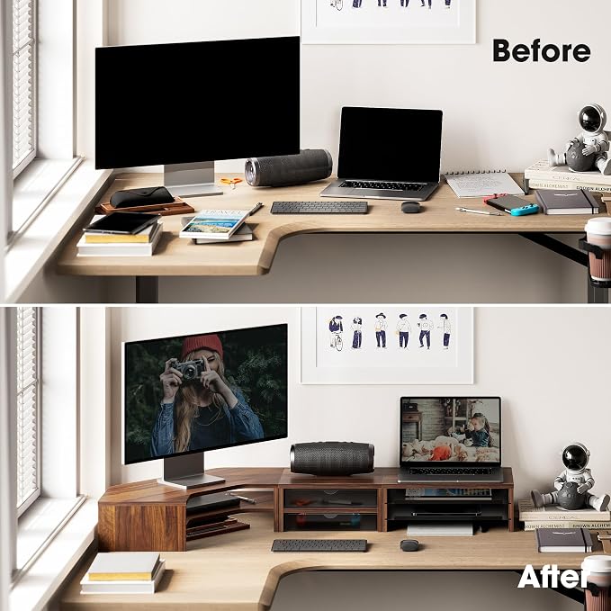 Fenge Dual Monitor Stand, Corner Desk Shelf with Drawer & Slide-Out Tray | Modular Design for Flexible Layouts, 2-Tier Storage Desktop Organizer for Computer, Laptop, Printer and Telephone - Image 6