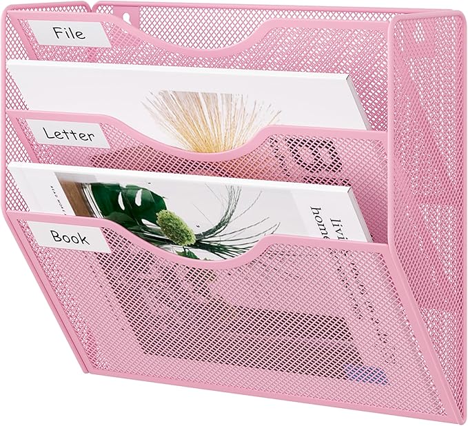 EasyPAG 3 Pocket Mesh Wall File Organizer, Hanging Paper Folder Holder with Classify Label, Vertical Wall Mount Mail Organizer for Office Home Classroom, Pink by EasyPAG