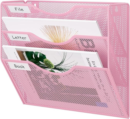 EasyPAG 3 Pocket Mesh Wall File Organizer, Hanging Paper Folder Holder with Classify Label, Vertical Wall Mount Mail Organizer for Office Home Classroom, Pink by EasyPAG