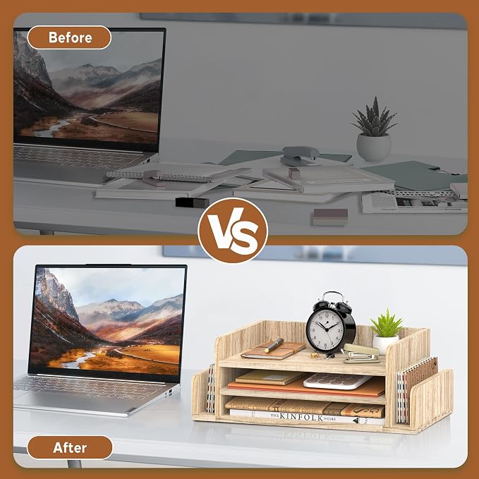 Wooden Desk Organizer, 3-Tier Paper Trays with 2 Mail Sorters, Natural Wood | Fully assembled with open shelves and side slots for sorting files, folder, letter, bill, magazine, notebook - Image 6