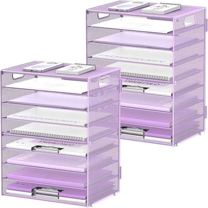 DALTACK 9-Tier Paper Letter Tray Desk Organizer with Handles, Mesh File Holder Organization, Paper Sorter Desk Organizer for Office Home School, Purple 2 Pack | Desk File Organizer with Removable Trays for Sorting Files, Folders, Mail and Printer Paper... by DALTACK