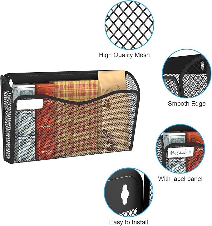 BOHDK Wall File Organizer, 1Single Pockets Mesh Hanging File Organizer, Mount Document Magazine Rack with Labels, Hanging File Folders for Office, Home and School, Black - Image 3