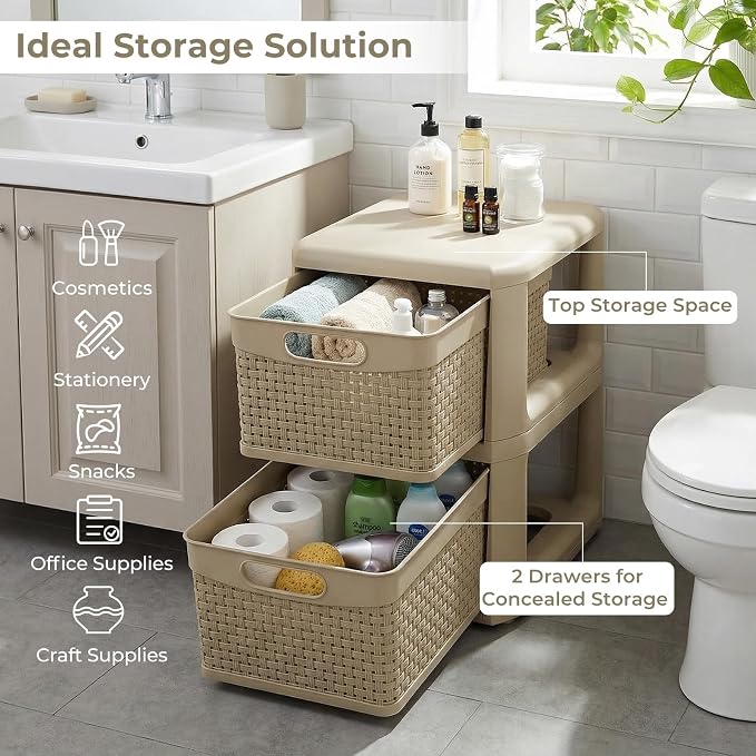 Giantex 2-Drawer Storage Organizer, Plastic Wicker Tower Baskets, Counterop & Under-desk Compact Container Boxes for Office, Bedroom, Bathroom, Living Room, Taupe - Image 6