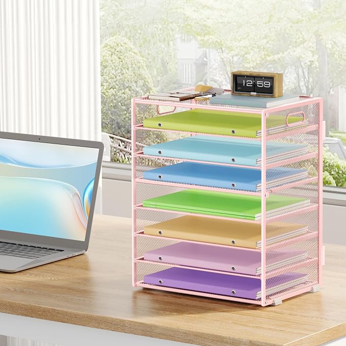Paper Organizer with Handle Metal Mesh File Sorter Large Capacity Desk Organizers Paper Letter Tray Desktop Document Sorter for Office or Home2 Pack 8 Tier Pink Storage for Desk - Image 5