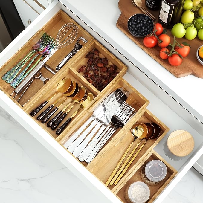 MapleGrace Bamboo Drawer Organizer Set, Individual Wood Storage Organizers | 5 PCS Multi-Use Junk Drawer Divider, Storage Trays Containers for Kitchen, Bathroom, Office Desk, Makeup, Jewelry, Utensils - Image 2
