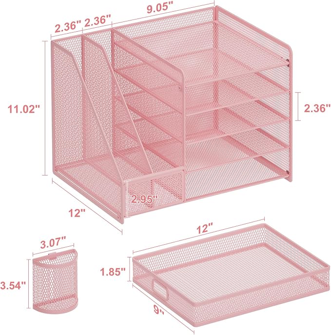 Marbrasse Desk Organizer with File Holder, 5-Tier Paper Letter Tray Organizer with Drawer and 2 Pen Holder, Mesh Desktop Organizer and Storage with Magazine Holder for Office Supplies(Pink) - Image 6