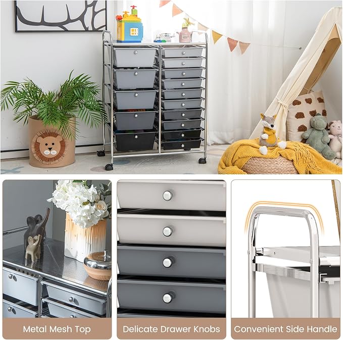 Moccha 15-Drawer Rolling Storage Cart - Under Desk Storage Drawers with wheels for Craft Art Supply Paper Salon, Scrapbook Paper Tools, Mobile Utility Cart for Classroom (15 Drawers, Gradient Grey) - Image 5