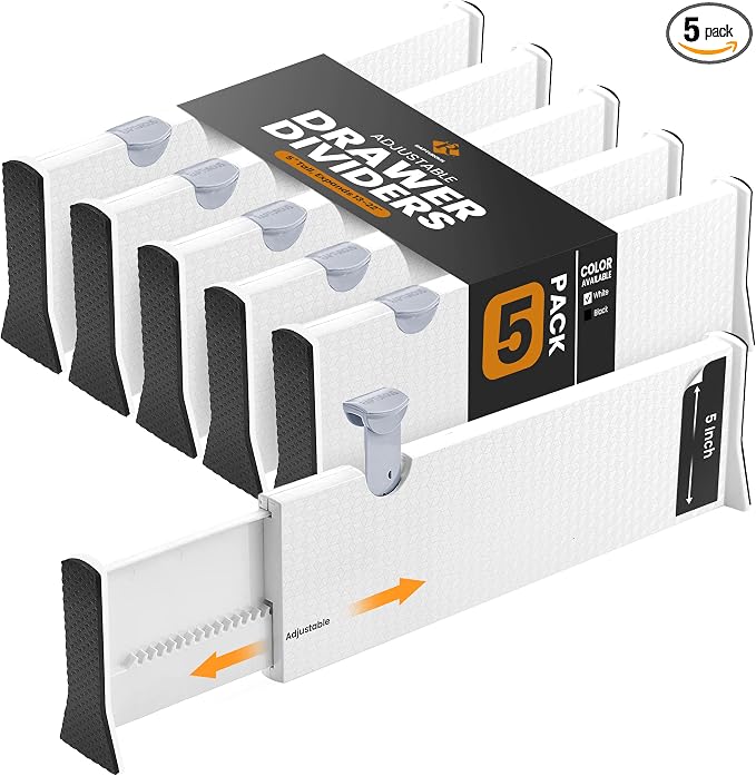 RAPTUROUS Adjustable Deep Drawer Divider – 5" Tall, Expandable 13-22", 5-Pack, Non-Slip Drawer Dividers for Clothes, Dresser, Kitchen & Office Organization (White) by Rapturous