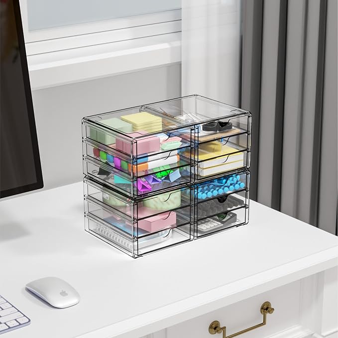 2 Pack Acrylic Storage Drawers With 12 Small Drawer,Stackable Office Cabinet Organizer and Makeup Organizer,Clear Plastic Drawers for Craft Supply,Pen,Stationary,Accessory,Makeup,Desk Organizer - Image 3