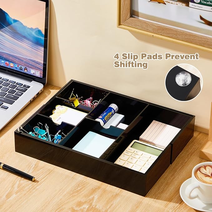 Briwooody Black Acrylic Drawer Organizer Expandable,8 Compartments,Large | 9'' up to 18'' x 12'' x 2.1'' Desk Drawer Organizer Trays Adjustable with Desk Accessories for Makeup Office Bathroom - Image 6