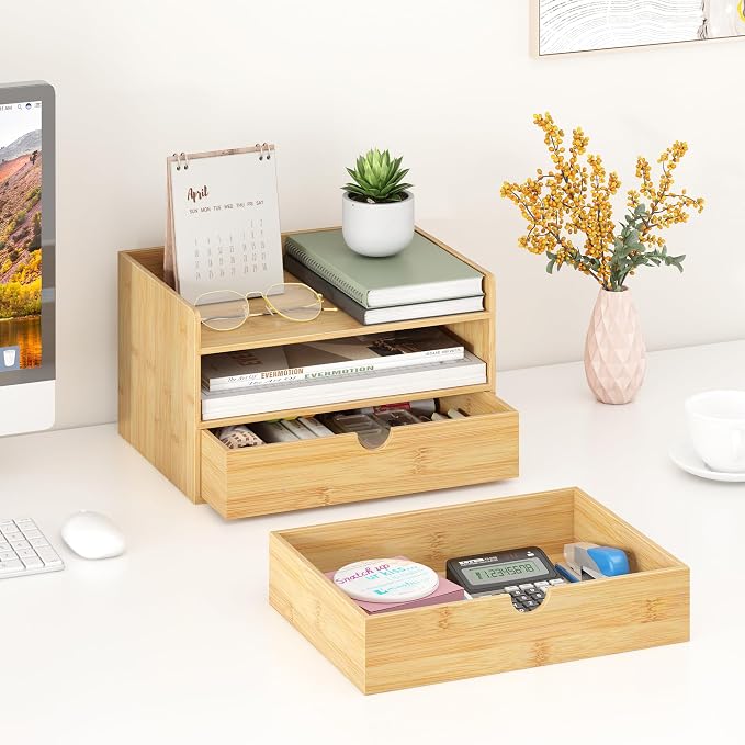 Bamboo Desk Organizer with Drawers, Desktop Storage Box for Office Supplies | 2 Drawers Desktop organizer, No Assembly Required, Natural Wood Wooden Desktop Drawers for Bills, Cosmetics, Seals, Paper - Image 5
