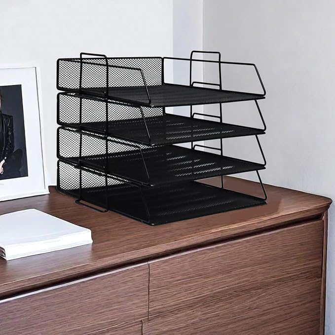 YFS A4 Mesh Letter File Folder Holder, Paper Organizer Letter Tray with Handle, 4 Tier Stackable Letter Tray, Document Organizer, Office Decor (A4,Vertical,Black, 4 Tier) by wen-liz-US