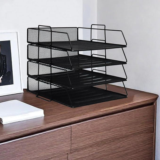 YFS A4 Mesh Letter File Folder Holder, Paper Organizer Letter Tray with Handle, 4 Tier Stackable Letter Tray, Document Organizer, Office Decor (A4,Vertical,Black, 4 Tier) by wen-liz-US