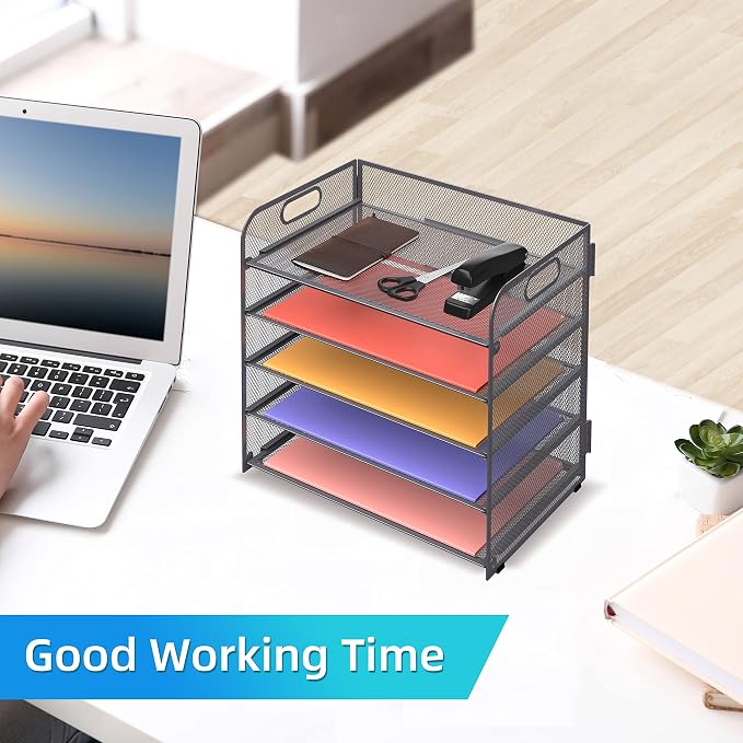 5 Trays Paper Organizer Letter Tray with Handle-Mesh Desk File Organizer, Grey Paper Sorter Desk Organizer for Office, Home or School - Image 2