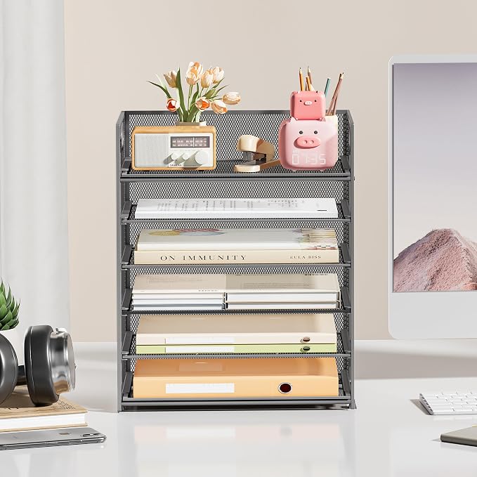 Subekyu 6 Tier Paper Organizer for Desk with Handle, Metal Mesh Desk Office File Folder Paper Letter Tray Accessories Organizer Sorter for Home, School, Office Desktop Document Organization - Gray - Image 7