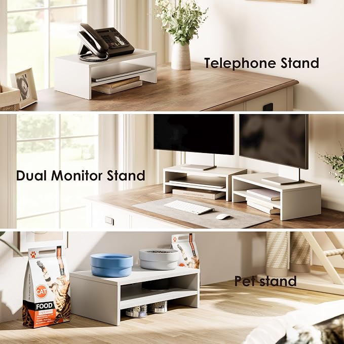 FITUEYES Wooden Monitor Stand Riser, 2-Tier Desk Storage Shelf, White | 16.7-Inch Desktop Organizer Fits Laptop, Computer Screen and Office Supplies - Image 5