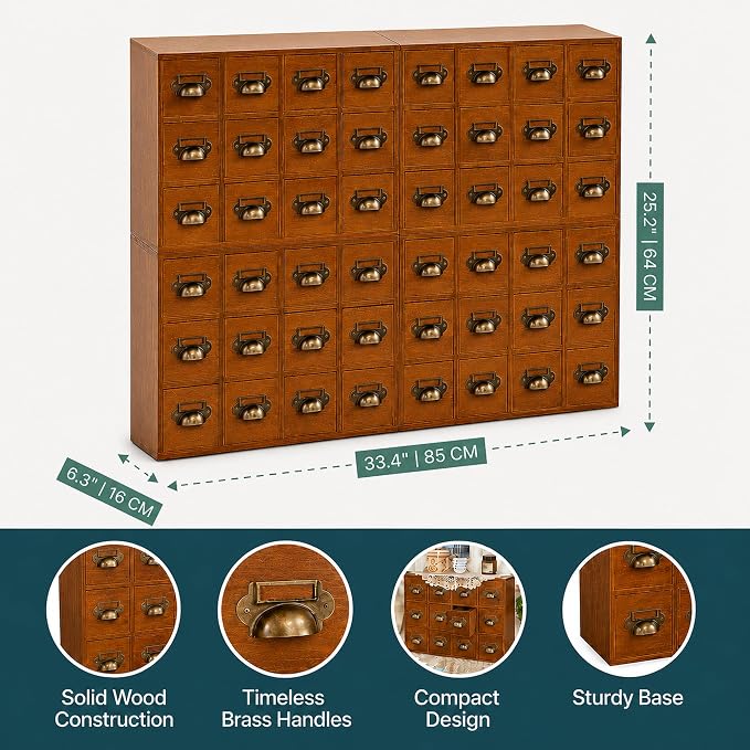 48 Drawer Wood Storage Organizer, Stackable Apothecary Cabinet with Brass Handles & Label Holders, Modular Card Catalog Drawer Chest for Crafts, Hardware, Beads, Spices, Office Desk - Image 4