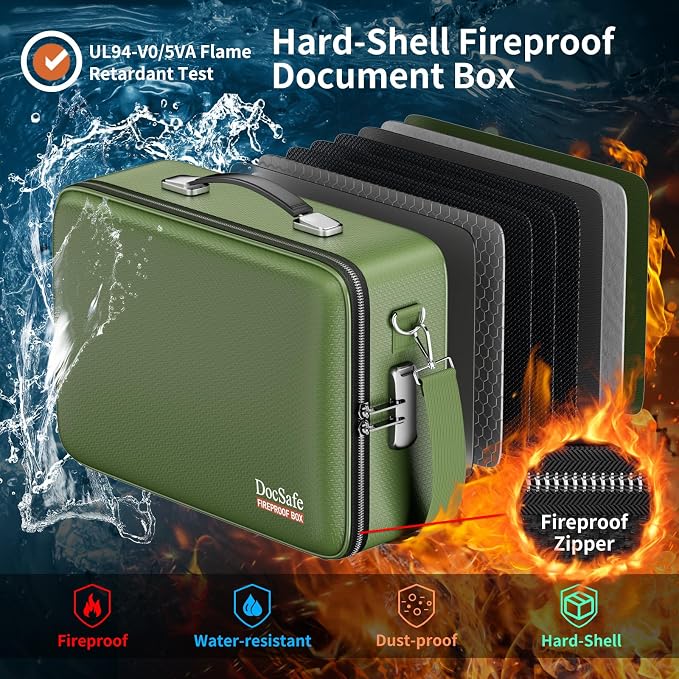 DocSafe Fireproof Document Box with Lock＆Shoulder Strap,Hard Case File Organizer with Accordion File Folder,Multi-Layer Portable Home Office Travel Safe Storage for Important Documents Laptop Green - Image 2