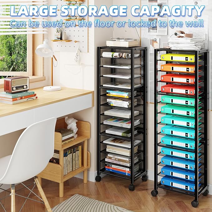 Simple Trending 14 Tier Rolling File Cart, Desk File Organizer, Paper Letter Storage Rolling Clutter Cart for Office, Home, School, Black - Image 4