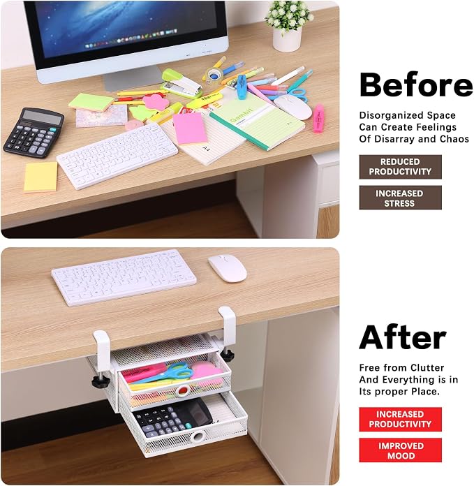 ROSYLINE Under Desk & Desktop Drawer Organizer, 2-Tier Big Capacity | Steel Construction, Clip-On No Drill Installation, Fits A4 Paper, for Office & Household Supplies - Image 5