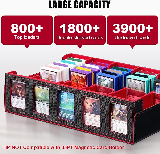 Trading Card Storage Box with Commander Display , 5-Row Deck Case with Removable Lid; 3900+ Card Deck Box for MTG TCG Sports Card, 5 Top Loaders, 5 Stoppers, 48 Dividers,1 Dice Tray (Black Red) - Image 2