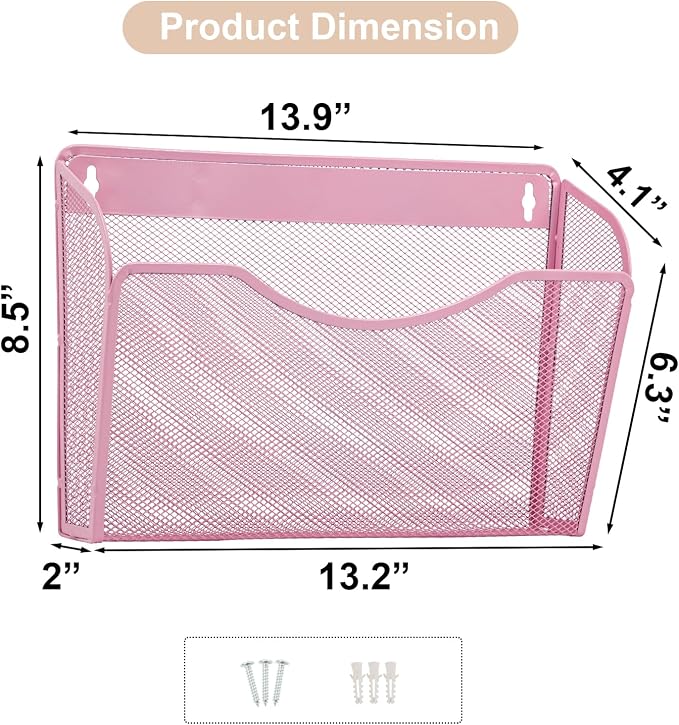 3 Single Pocket Mesh Hanging File Organizer, Vertical Wall Mounted Magazine File Holder, Mount Basket Mail Paper Document Folder Organizing for Office, Home and School, Pink - Image 5