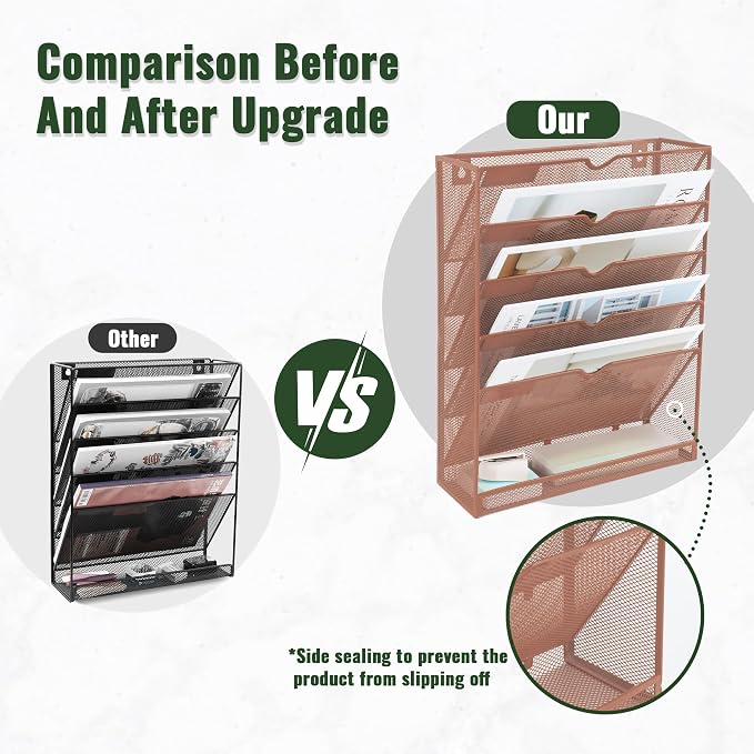 6 Tier Mesh Hanging Wall File Organizer, Desk Vertical Mail Paper Document Folder Holder Rack with Bottom Tray and Nametag Label for Office Home School, Brown - Image 3