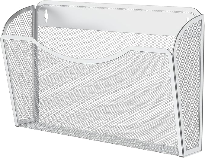MINDEPOT Wall File Organizer, Hanging Wall File Holder, 1 Pack, White | Heavy Duty Iron, Metal Mesh Wall Mount, Single Pocket, Mail Organizer, for Office School Classroom Home, Letter A4 Size by MINDEPOT