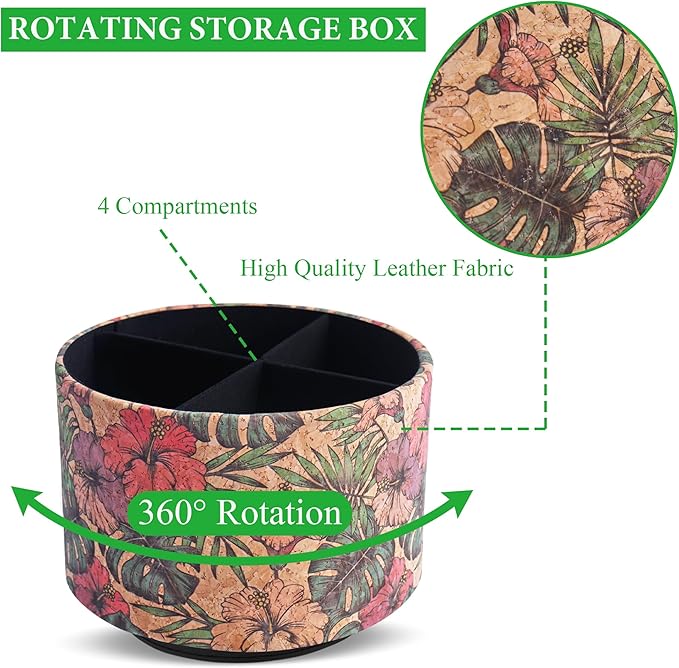 Round Leather Art Supply Organizer,Remote Control Holder,360 Degree Spinning,Multi-Functional Pencil Holder,4 Compartments Desktop Stationary Organizer(1-Wood Leather Banana)