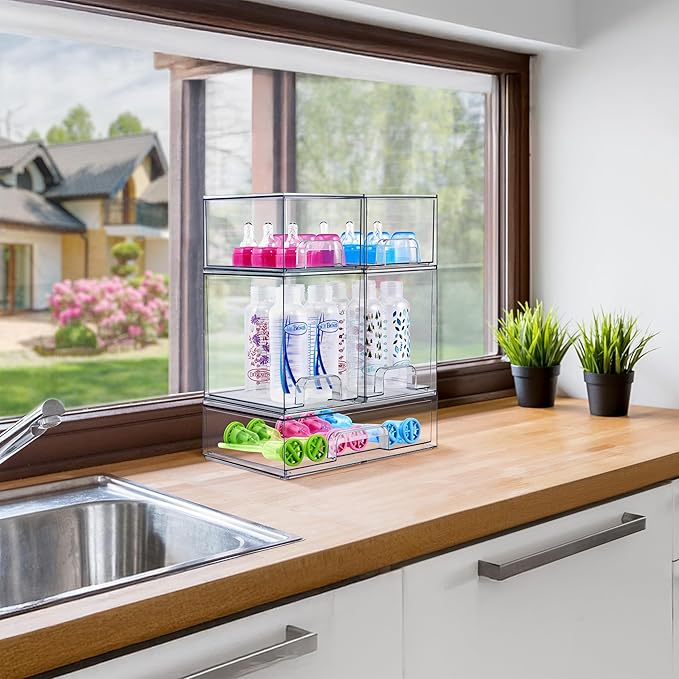 Sorbus Stackable Acrylic Storage Drawers, 8 Pack Clear Plastic Organizer Bins for Baby Bottles, Makeup, Bathroom, Vanity & Kitchen Countertop Organization, Pull-Out Drawer Design for Cabinets & Pantry - Image 3