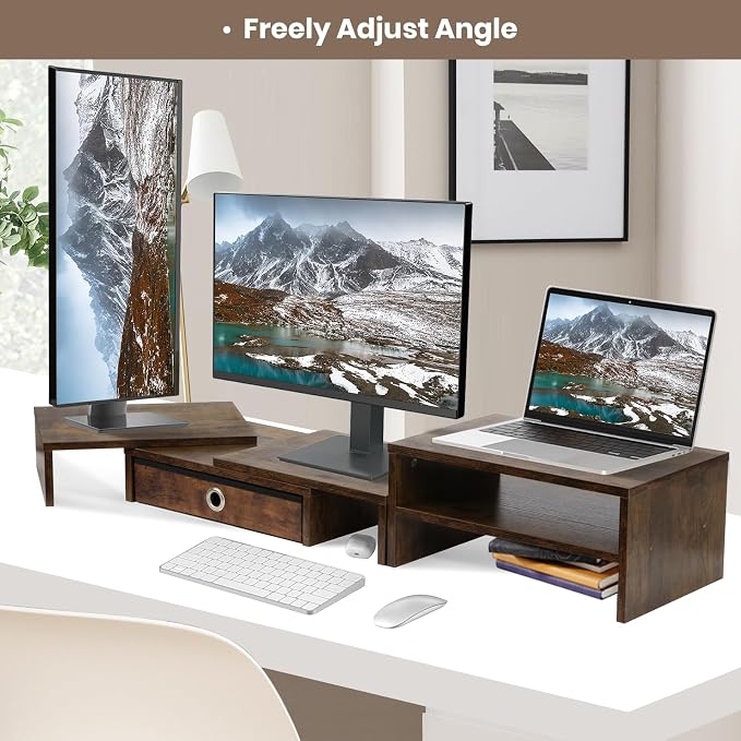 Monitor Riser for 3 Monitors, Angle Adjustable Monitor Stand with Drawer | Dual Monitor Stand for Desk, Dual Monitor Stand with Storage, Wooden Extra Long Triple Monitor Riser up to 52", Rustic Brown - Image 7