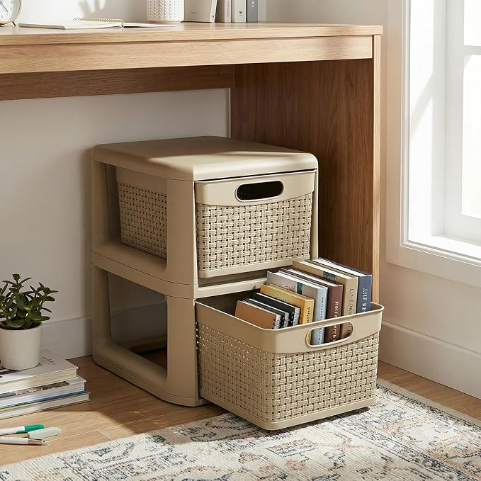 Giantex 2-Drawer Storage Organizer, Plastic Wicker Tower Baskets, Counterop & Under-desk Compact Container Boxes for Office, Bedroom, Bathroom, Living Room, Taupe - Image 2