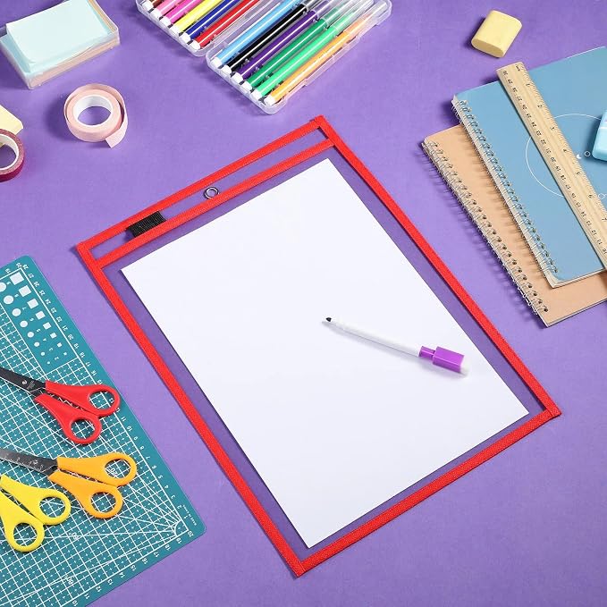 Nezyo Dry Erase Pockets Plastic Job Ticket Holders Shop Holder Order Pockets Clear Sleeves Tickets Folders Plastic Sleeves Paper Teacher Supplies for Classroom(10 x 14 in,Red,100 Pcs) - Image 6