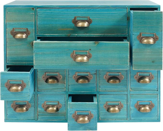 14-Drawer Apothecary Cabinet - Wooden Storage Box - Vintage Chest of Drawers - Multipurpose Tool Box - Desktop Drawer Organizer for Herb Storage, Apothecary Diaries, Tea Collection - Blue by banborba