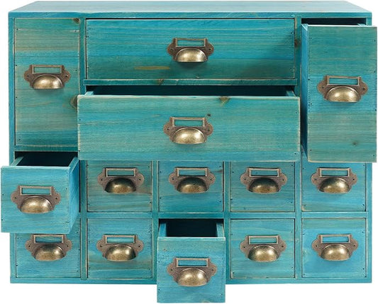 14-Drawer Apothecary Cabinet - Wooden Storage Box - Vintage Chest of Drawers - Multipurpose Tool Box - Desktop Drawer Organizer for Herb Storage, Apothecary Diaries, Tea Collection - Blue by banborba