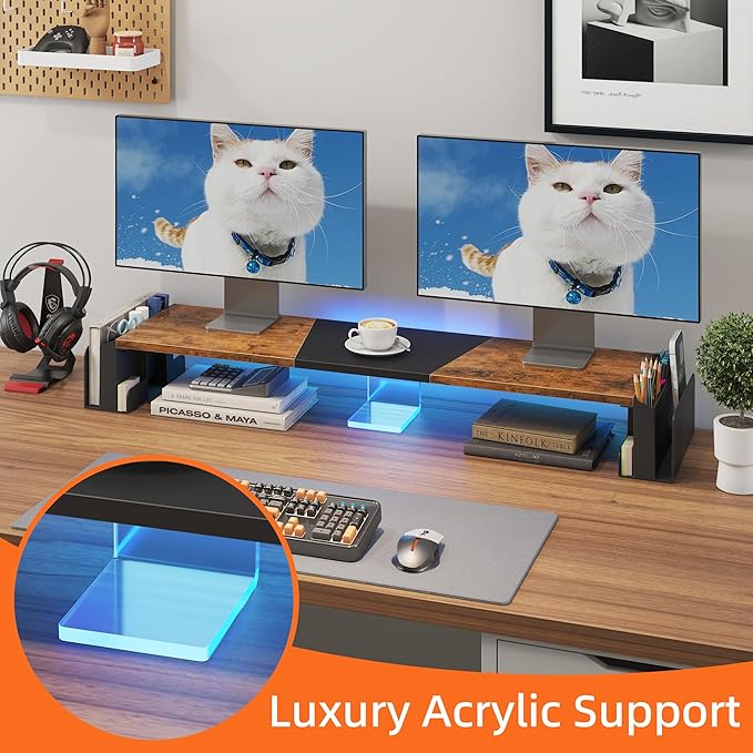 WESTREE Dual Monitor Stand Riser with Storage, Computer Monitor Riser with Adjustable Angle and LED, Desktop Monitor Stand Organizer for Computer, Laptop, Printer - Image 3