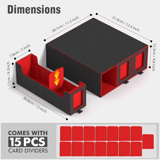 3-Drawer Trading Card Storage Box Holds 2500+ Cards(Red) | Stackable design,15 dividers included,Desktop card organizer,PU leather material‌,for sports/TCG/MTG/Pokemon cards - Image 2